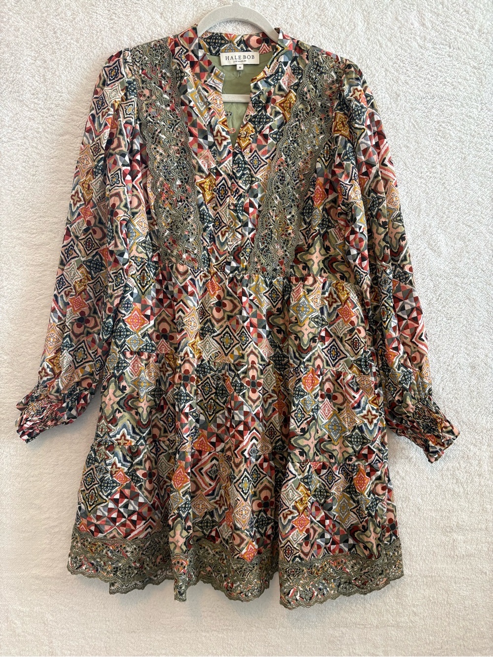 Hale Bob Amari Embroidered Olive Boho Long Sleeve Mini Dress Size Medium